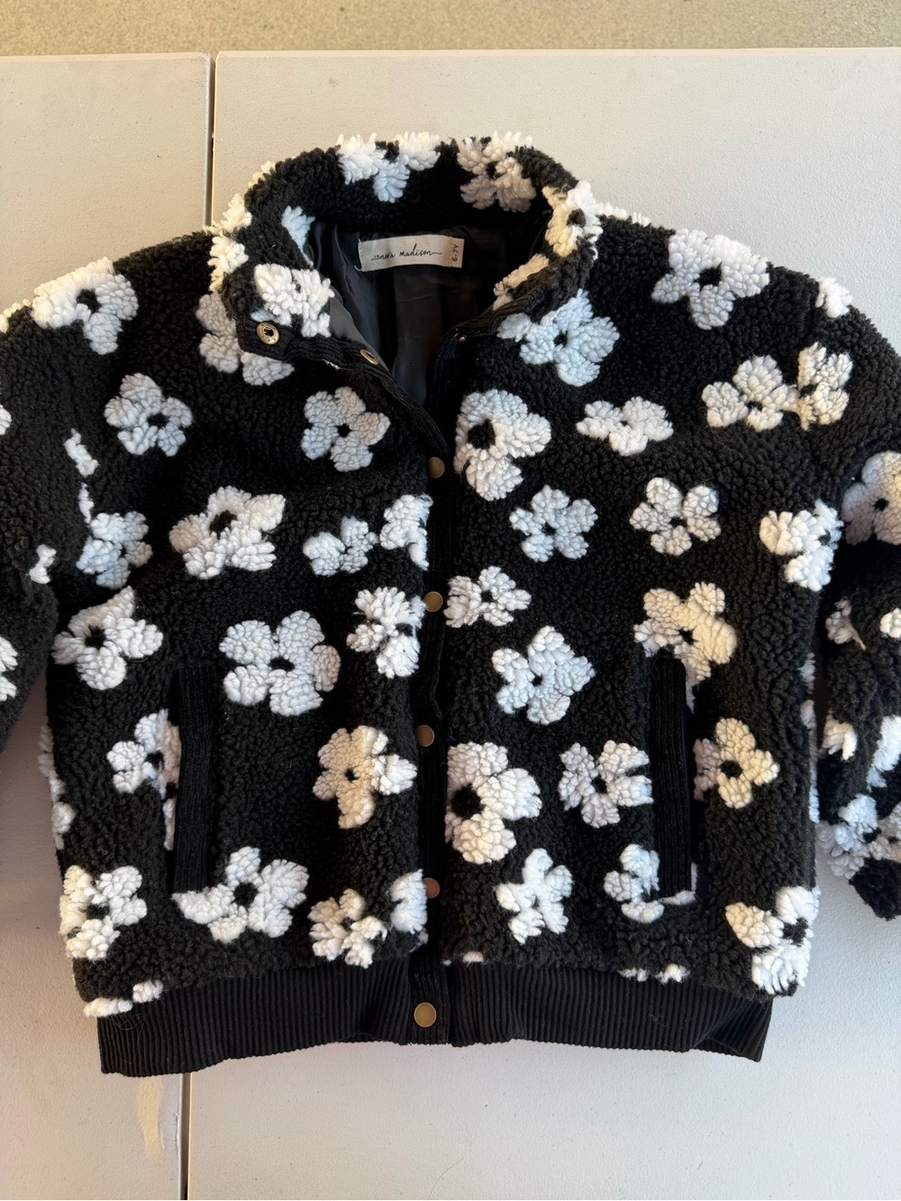 Kids Black & White Floral Sherpa Jacket